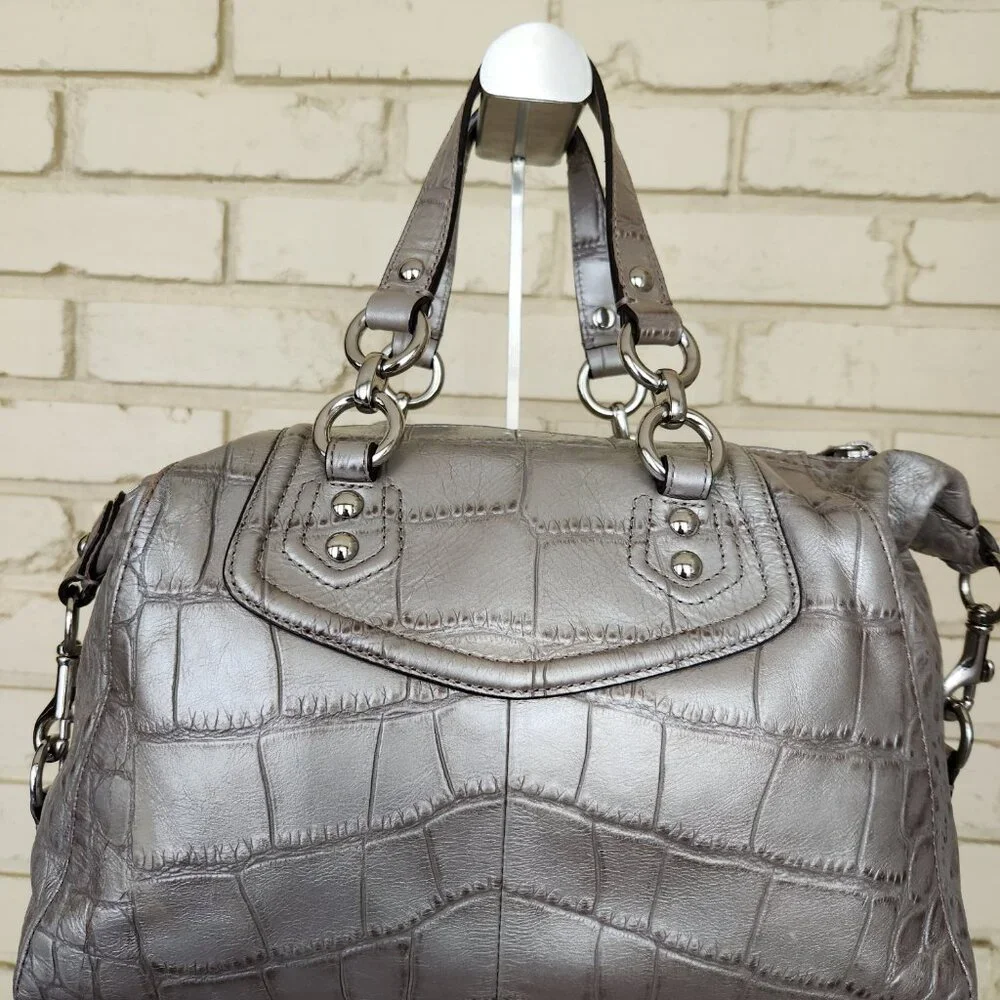 Euc Coach Ashley Crocodile Embossed Silver Leather Shoulder Bag